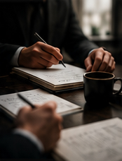 Two people writing notes at a table